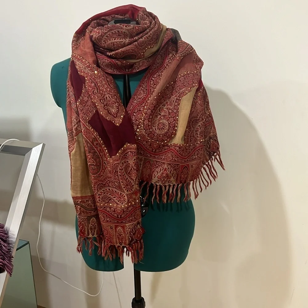Embellished gold sequin maroon and tan Scarf/Shawl
